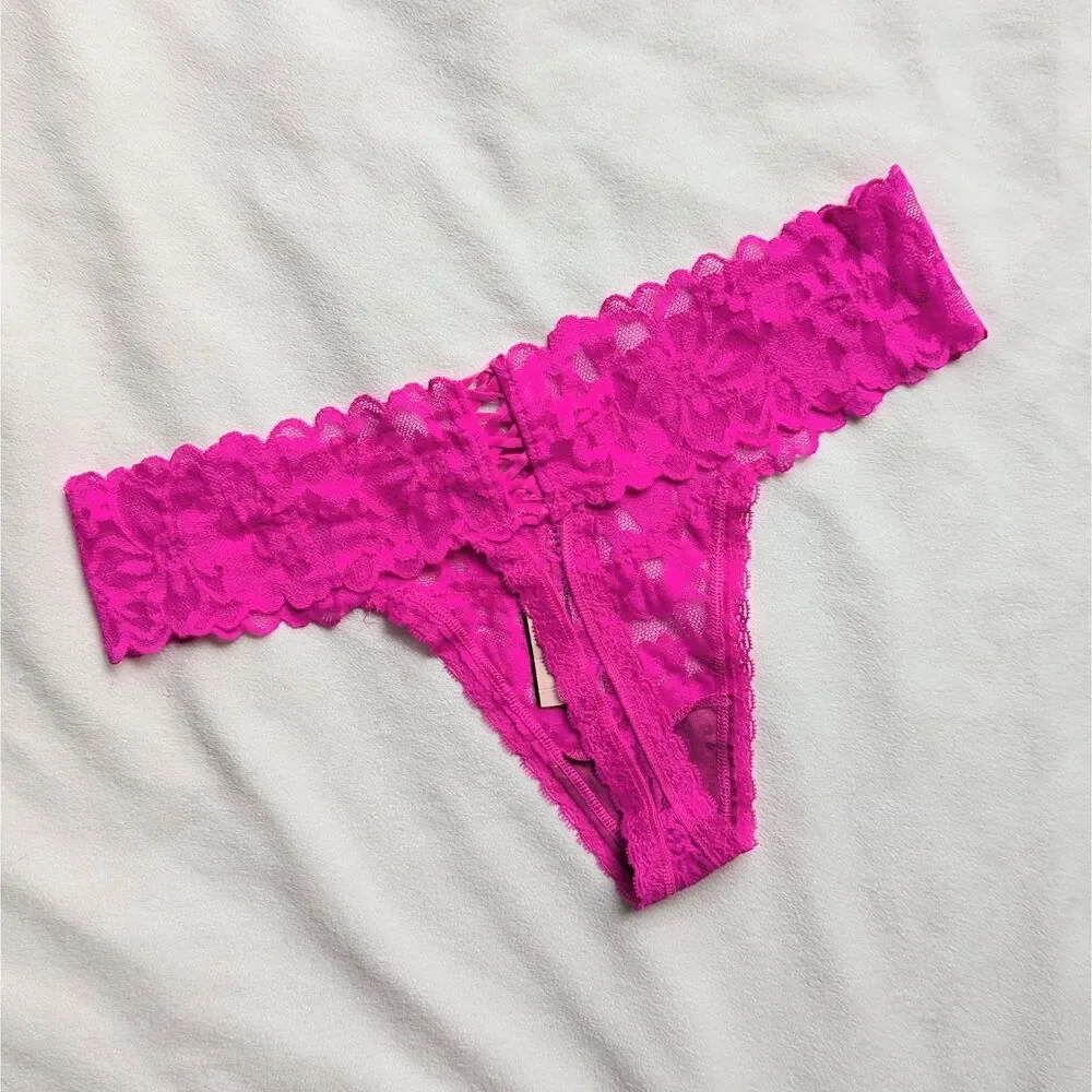 Victoria's Secret The Lacie Lace-up Thong Panties M New Hot Pink
